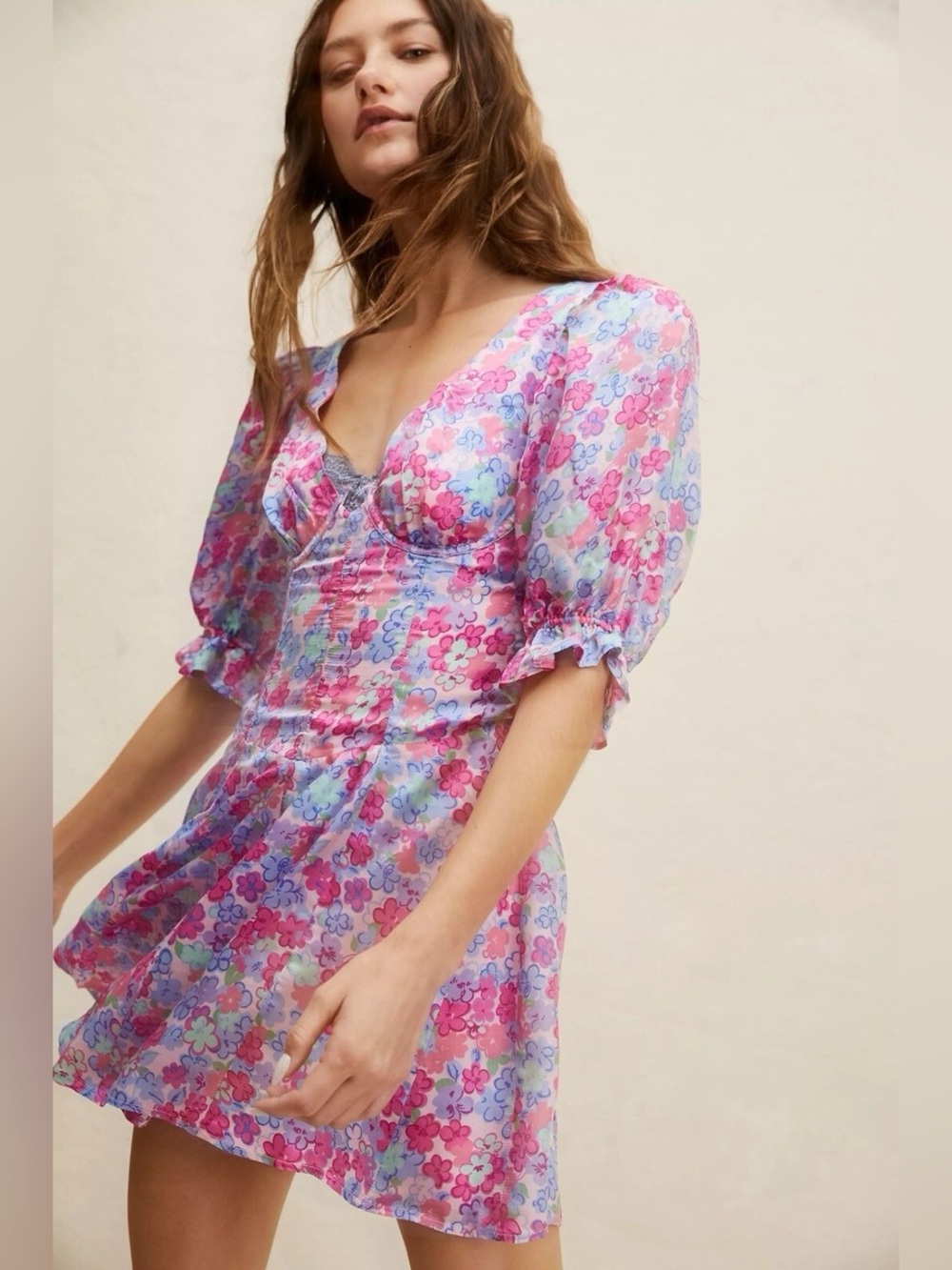 For Love & Lemons Angie Corset Floral Mini Short Sleeve Dress